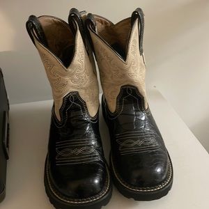 Ariat Original Fatbaby Women’s Black Leather Cream Suede Cowgirl Boots Size 8.5B